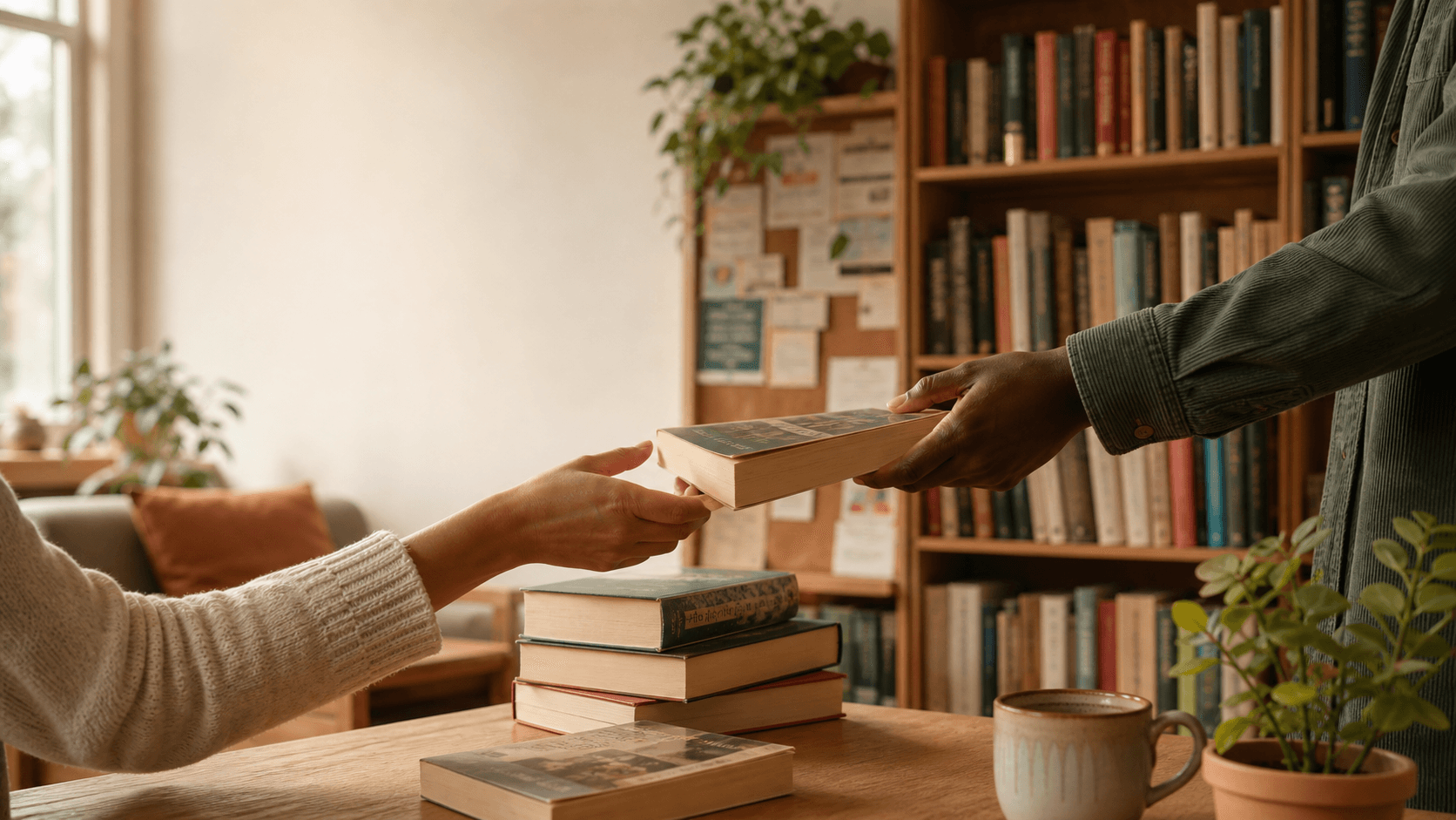 Readers sharing a book in a warm community library
